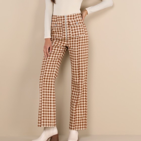 Lulus Tops - Lulus Adorably Classic Rust And Beige Gingham High-rise Pants Brown - Size XS